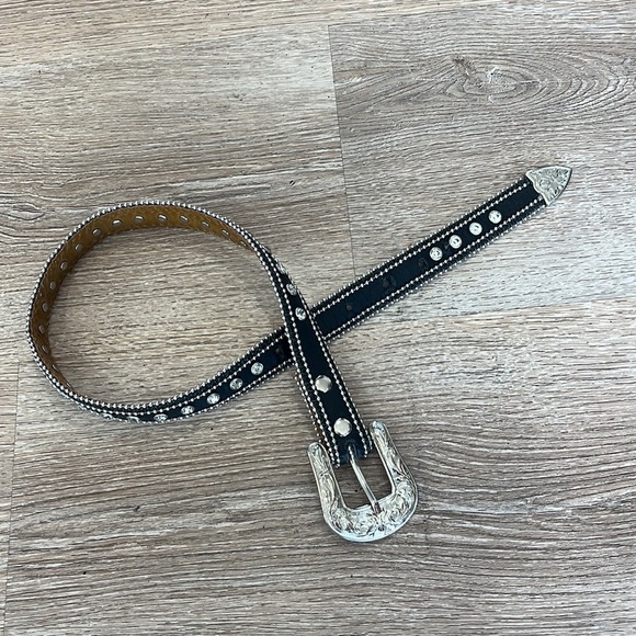 Girls Rhinestone Western Belt 28" Black Leather Removable Buckle 1" Wide - Picture 3 of 9